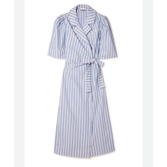 Ganni Women's Striped Draped Wrap Midi Dress Blue Size 42 Casual - Picture 11 of 11